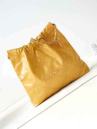Ch*el 22 small handbag shiny calfskin yellow 15.2×16.4×3.1 in