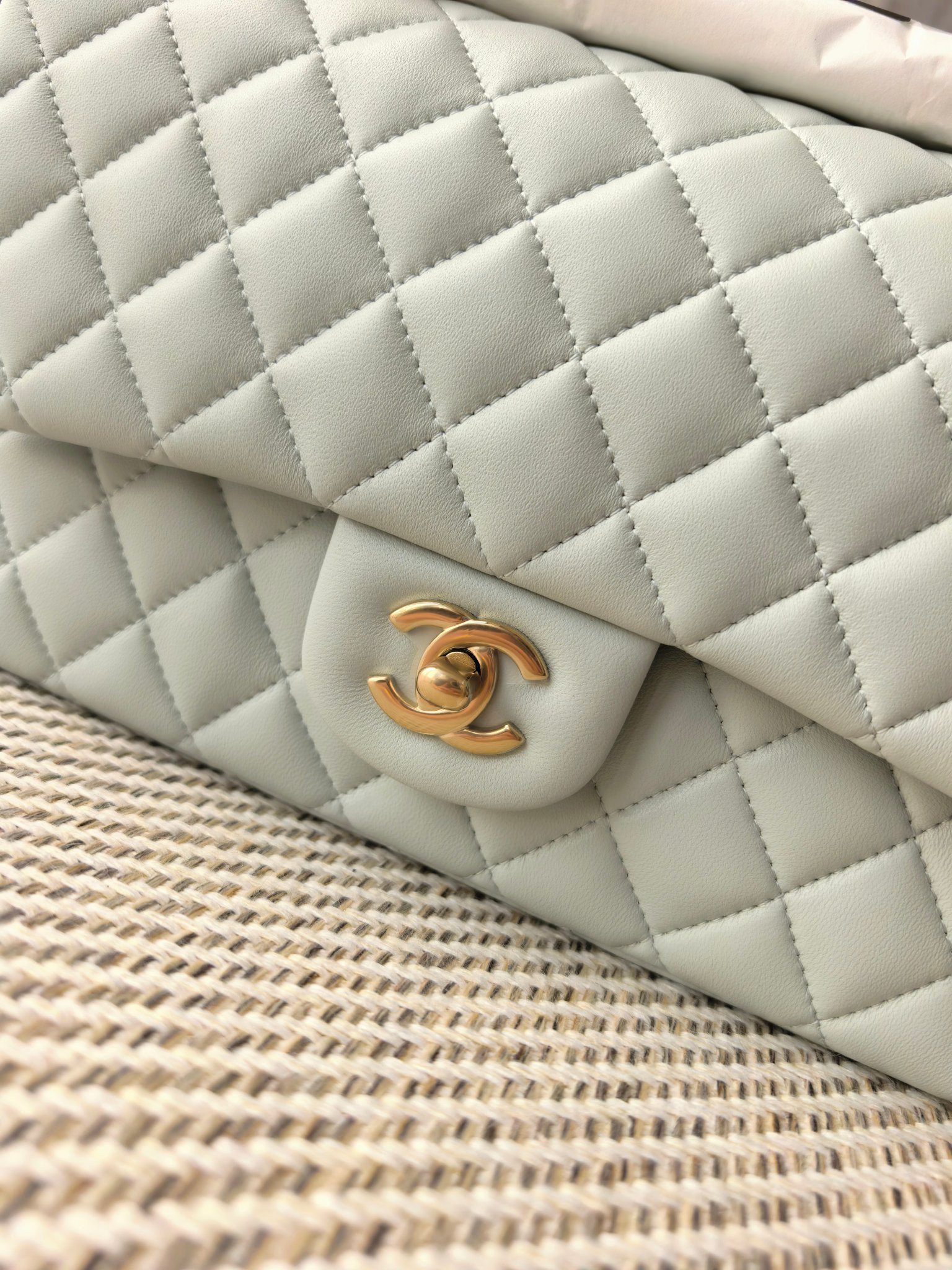 Ch*el classic flap bag light blue with light gold hardware 15.5x25.5x6.5cm