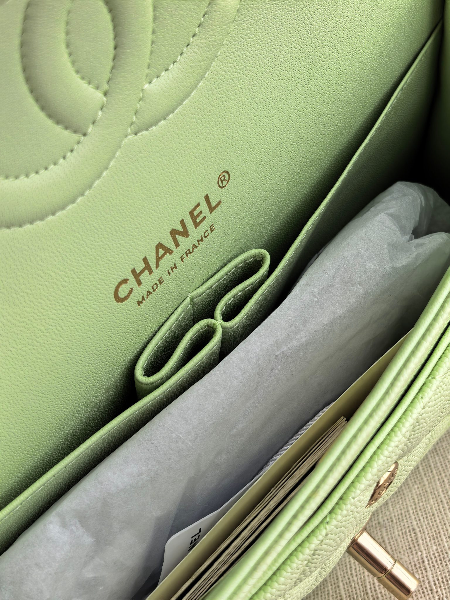 Ch*el classic flap mint green bag with light gold hardware a01112 15.5x25.5x6cm