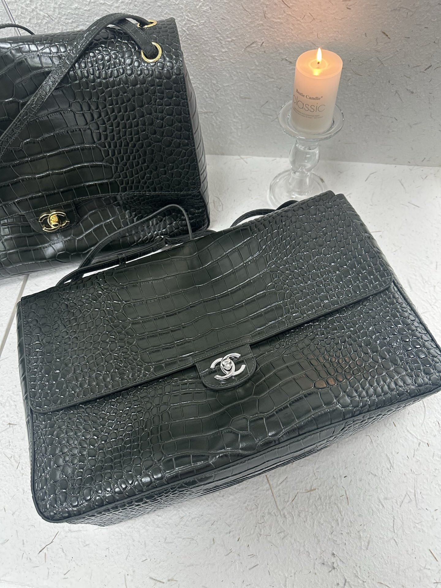 Ch*el maxi flap bag olive green silver hardware as6233 26x38.5x11cm