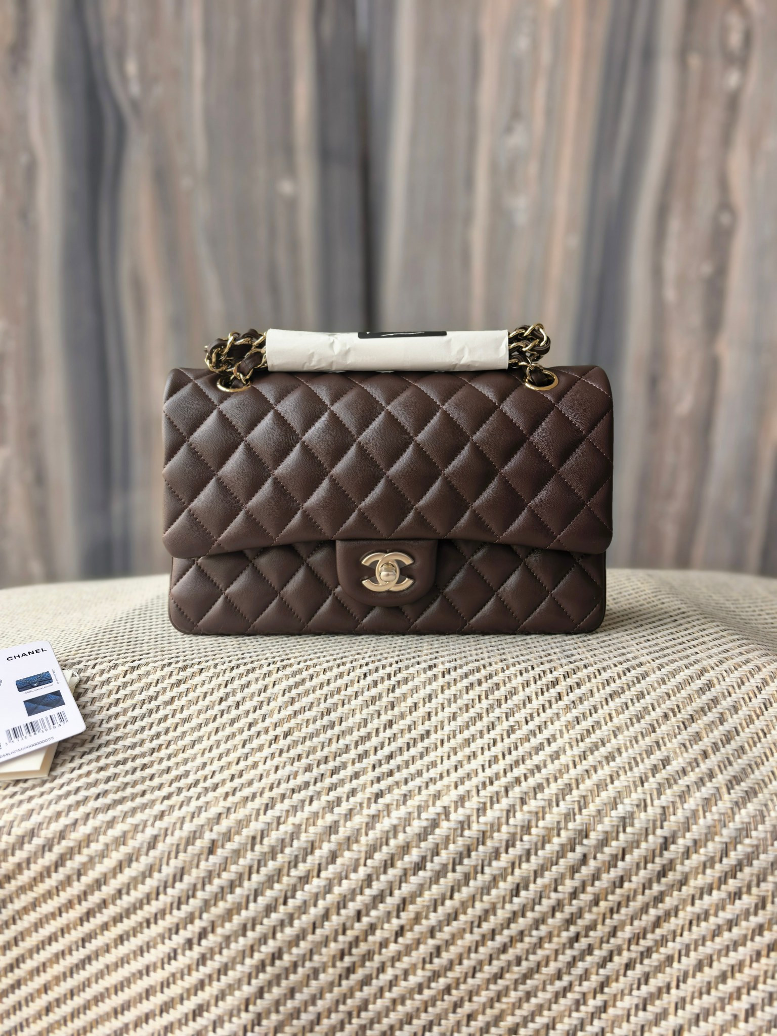 Ch*el classic flap bag coffee brown with light gold hardware 15.5x25.5x6.5cm