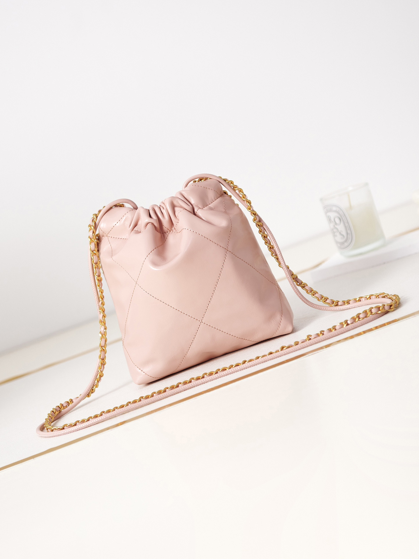 Ch*el 22 mini handbag shiny calfskin pink 7.8 × 7.4 × 2.3 in