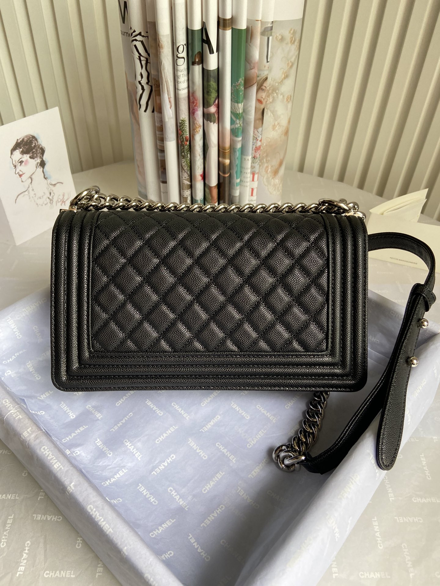 boy Ch*el handbag shiny grained calfskin & silver-tone metal black 5.9 × 9.8 × 3.5 in