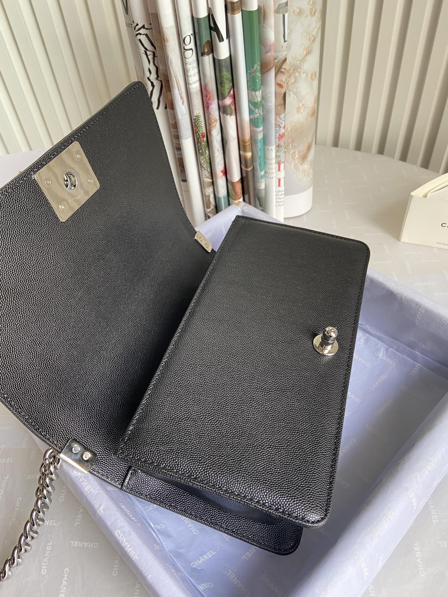 boy Ch*el handbag shiny grained calfskin & silver-tone metal black 5.9 × 9.8 × 3.5 in