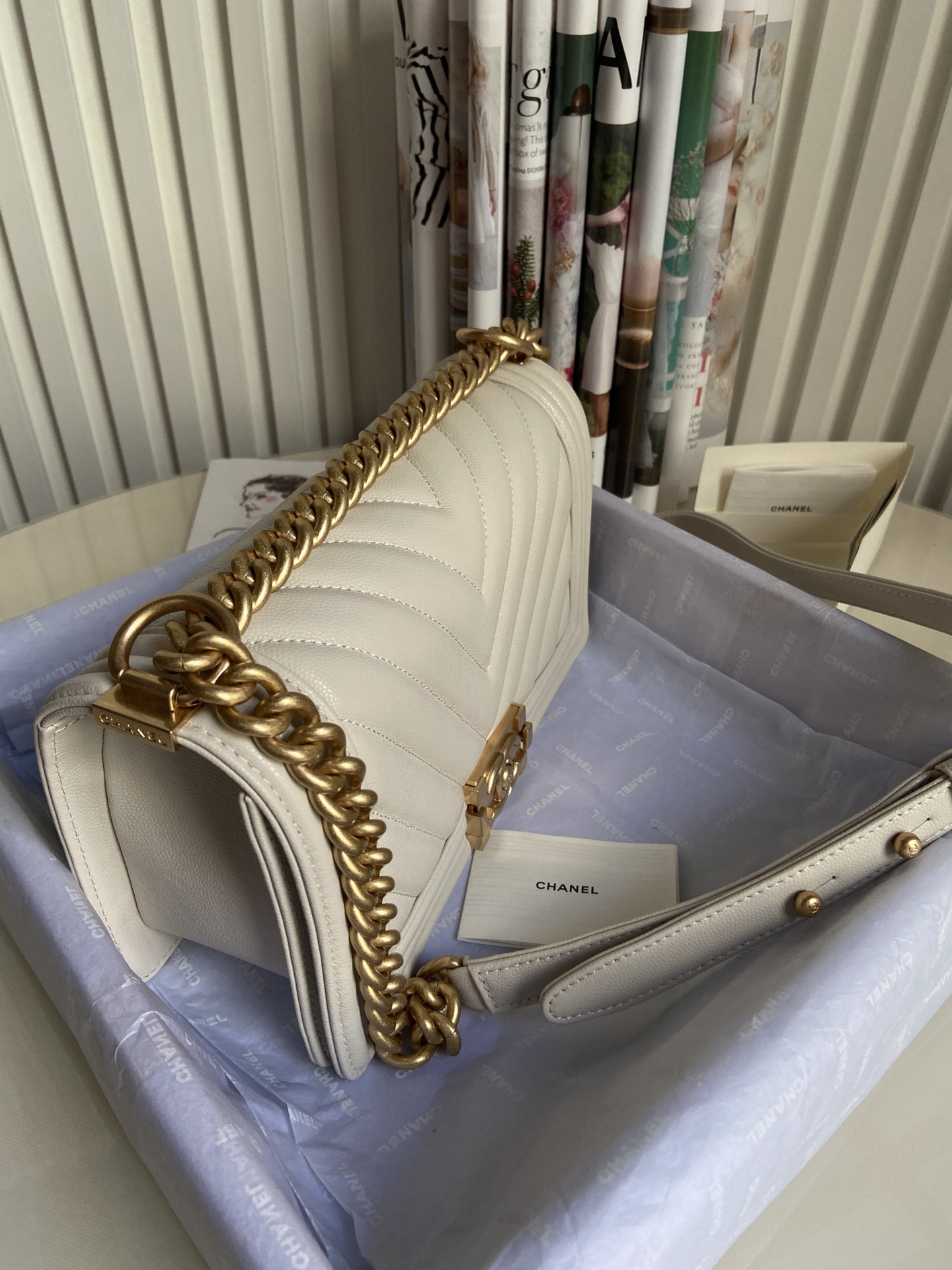 boy Ch*el handbag shiny grained calfskin & gold-tone metal beige 5.9 × 9.8 × 3.5 in