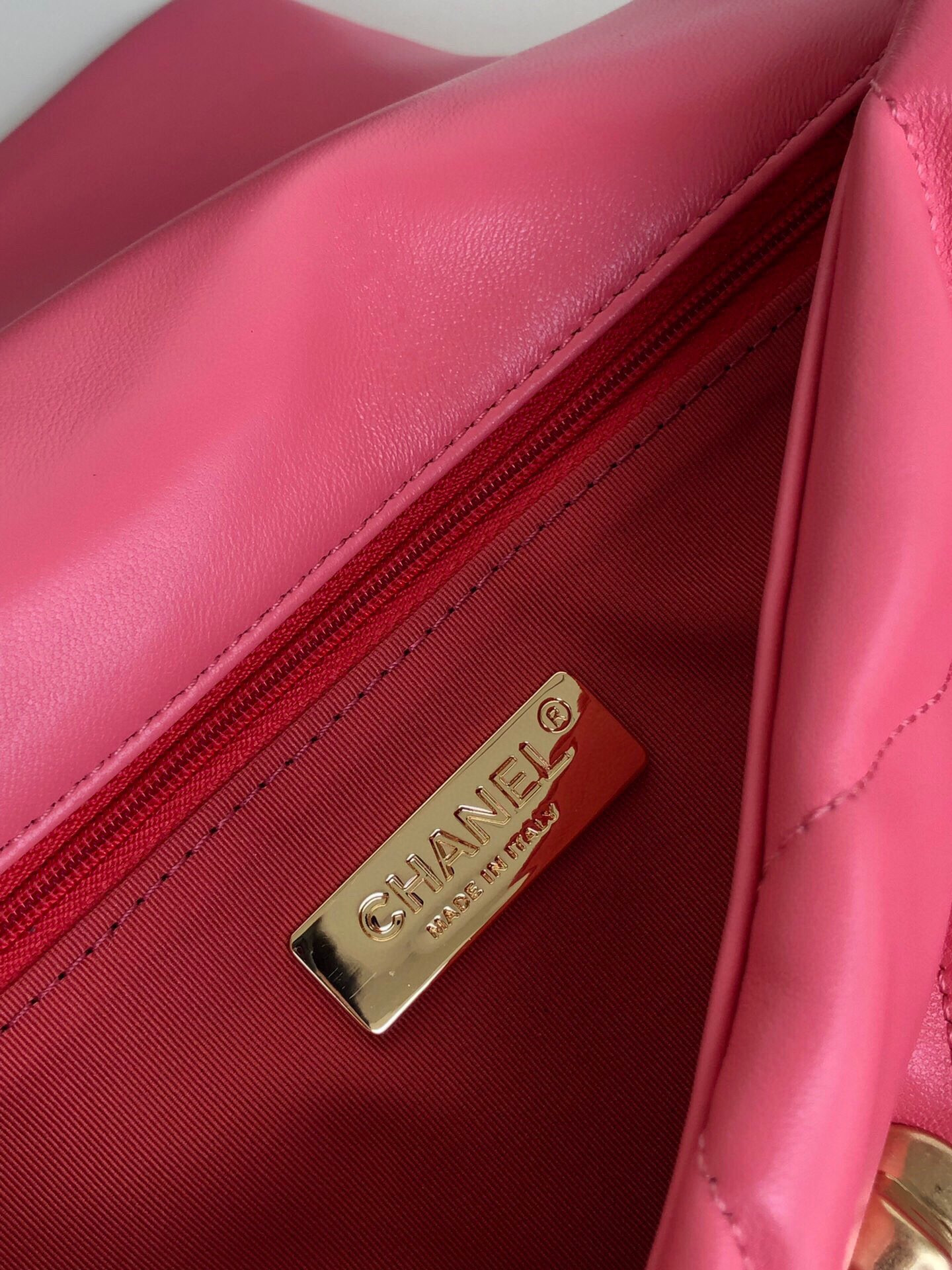 Ch*el 19 handbag shiny leather, gold-tone, silver-tone & ruthenium-finish metal pink 6.2 × 10.1 × 3.5 in