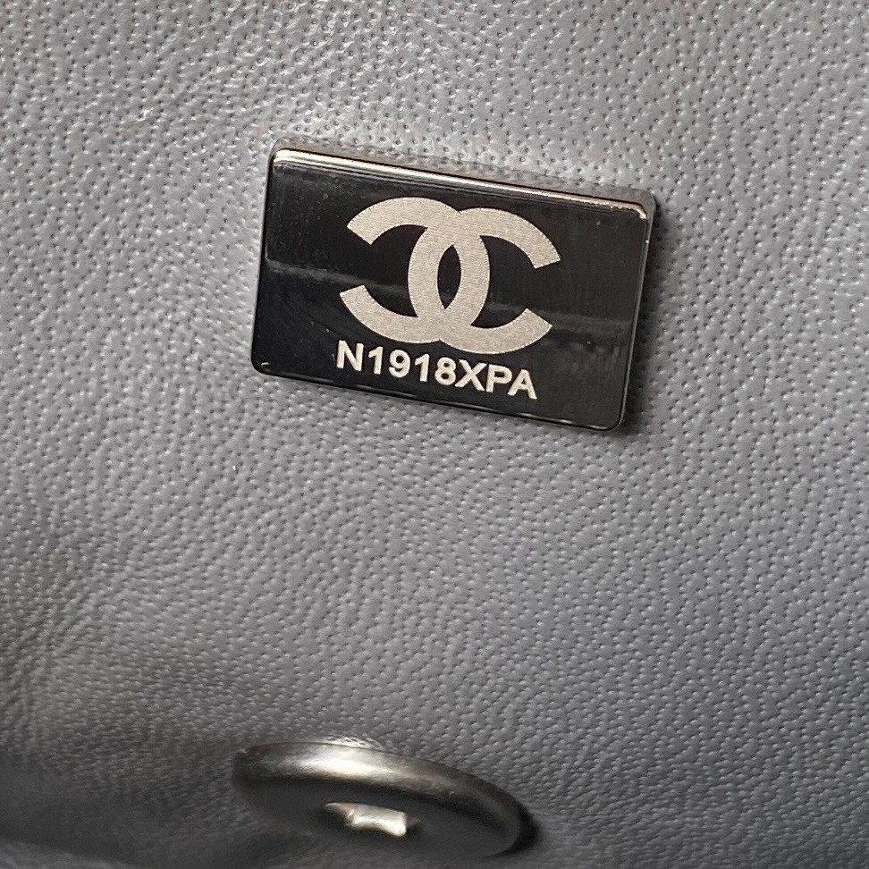 Ch*el mini flap bag shiny calfskin & silver-tone metal gray 5.3 × 6.6 × 3.1 in