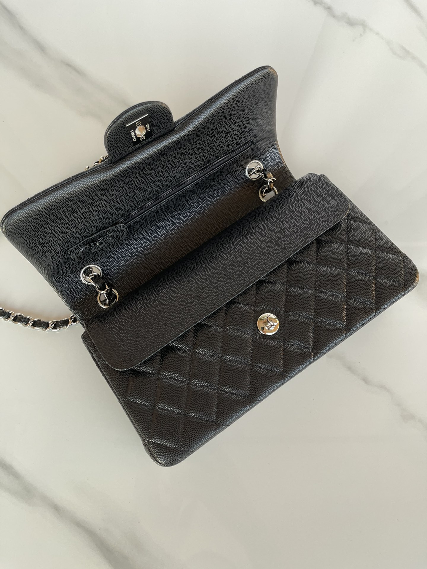 Ch*el classic handbag grained calfskin 6 × 9.9 × 2.5 in