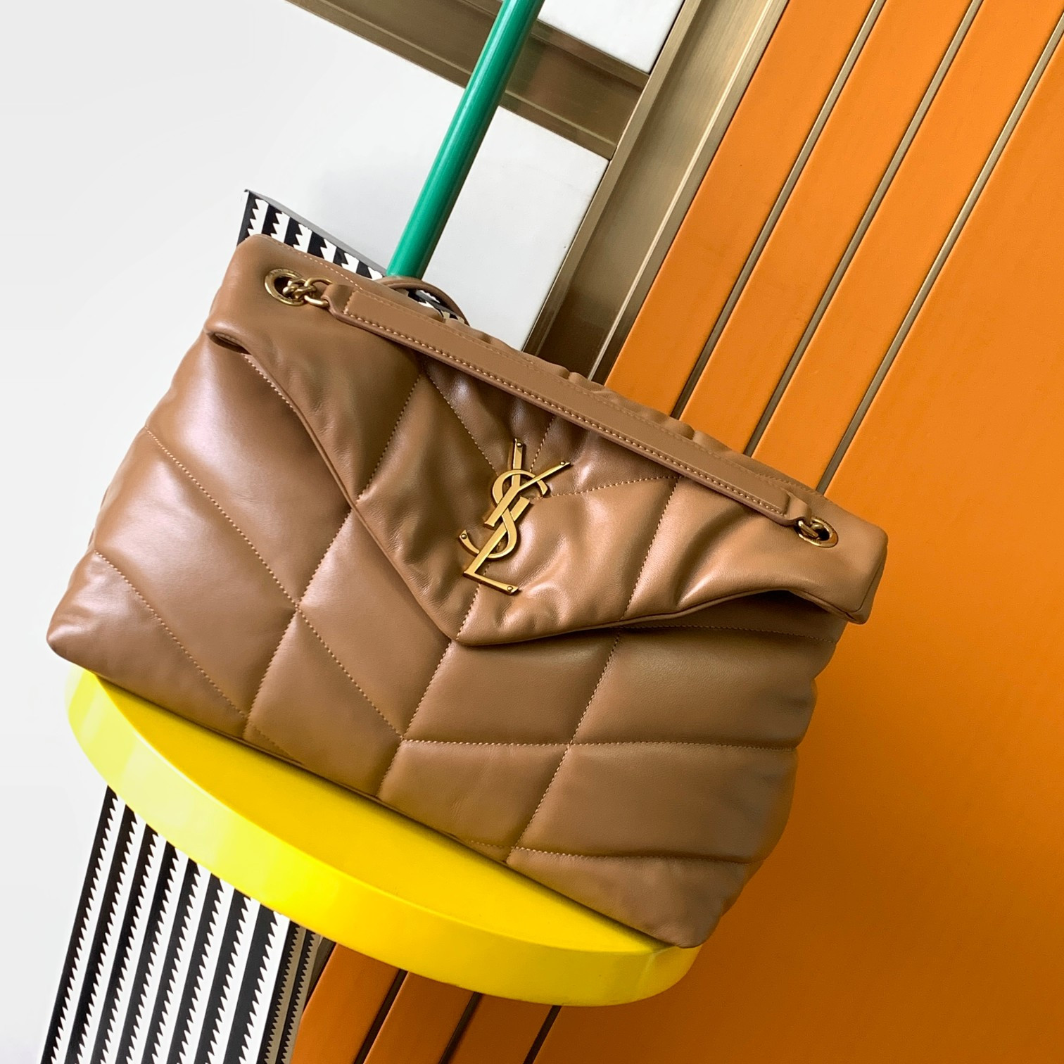 Y*L puffer medium in nappa leather brown 13.7 x 9 x 5.3 inches