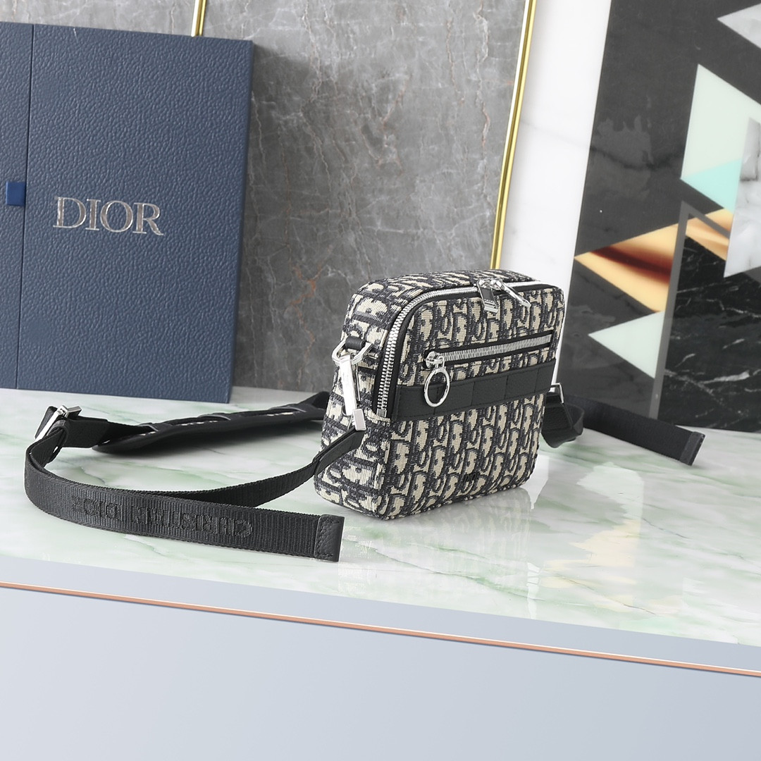 D*or safari bag with strap  beige and black D*or oblique jacquard 8.5 x 6 x 2.5 inches