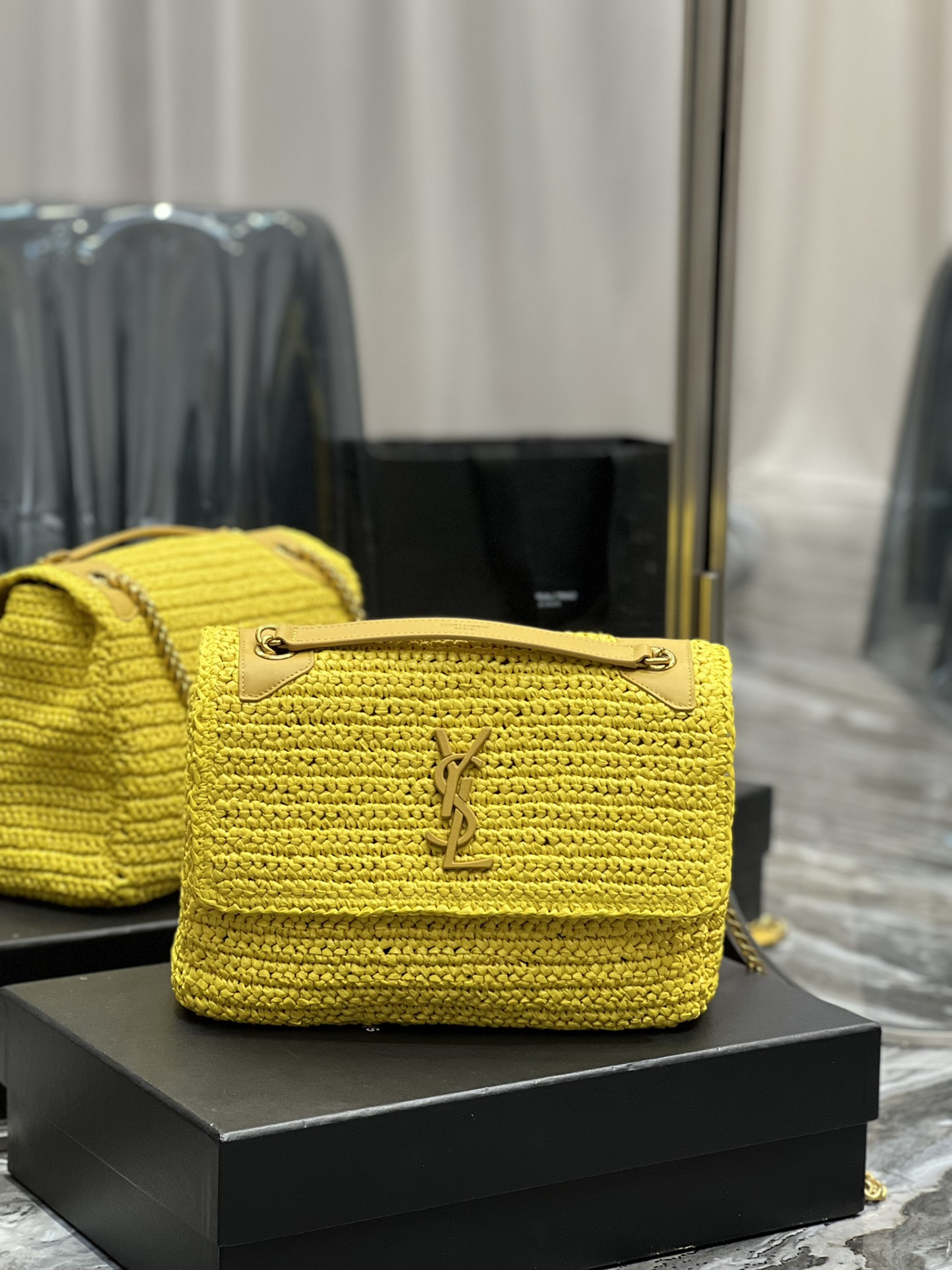 Y*L niki medium chain bag in raffia and leather yellow 11 x 7.8 x 3.3 inches