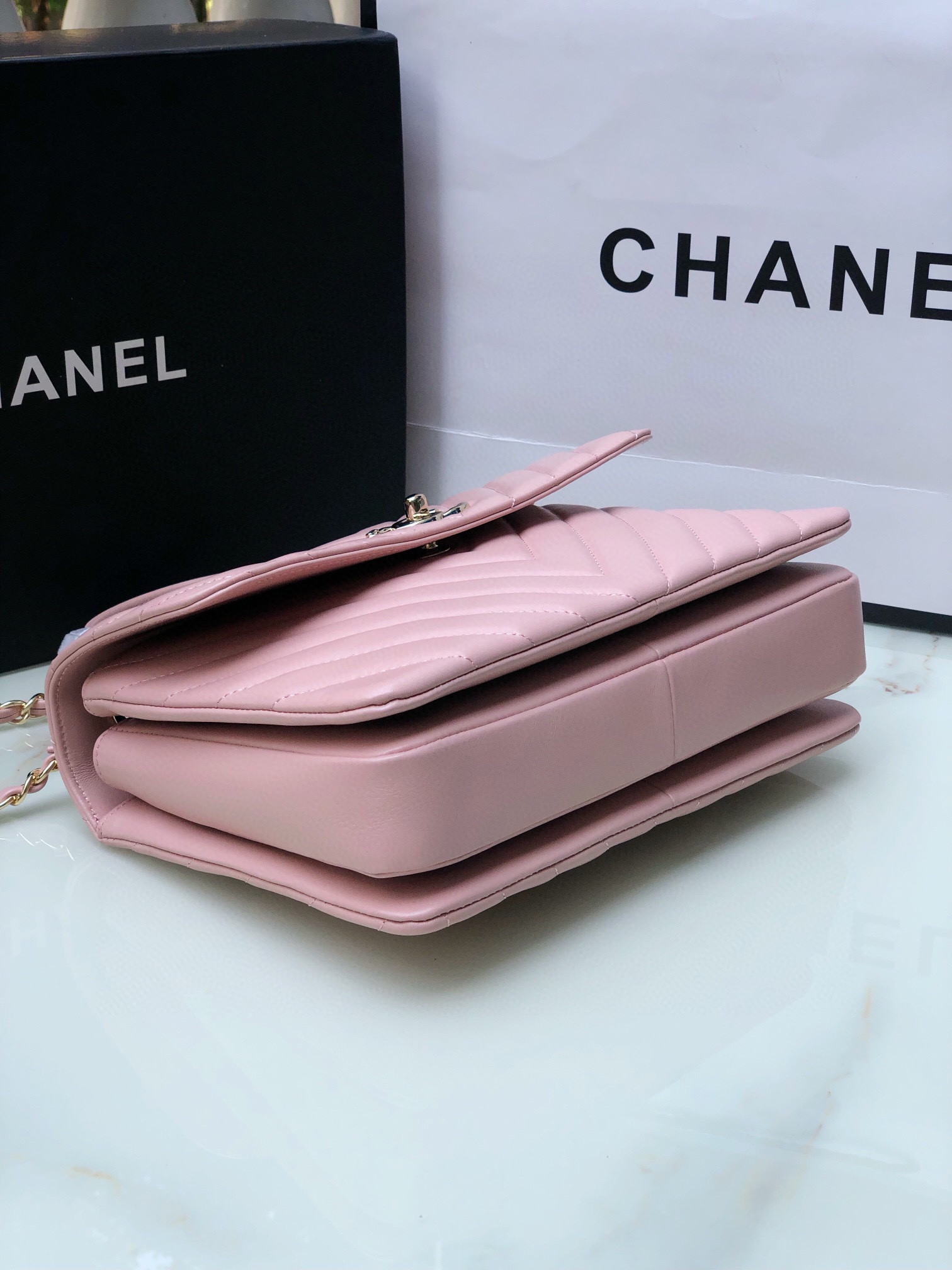 Ch*el flap bag with top handle pink 6.6 × 9.8 × 4.7 in