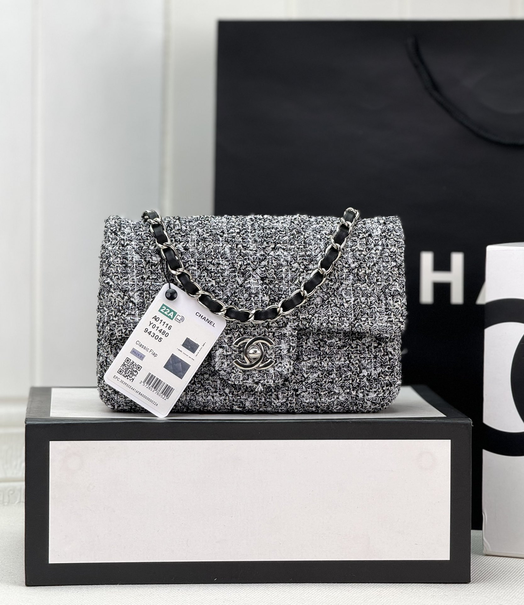 Ch*el mini classic 11.12 handbag tweed & silver-tone metal 4.7 × 7.8 × 2.3 in