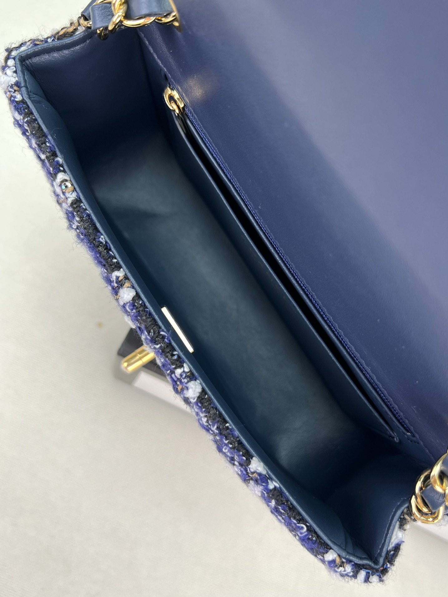 Ch*el mini classic 11.12 handbag tweed & gold-tone metal 4.7 × 7.8 × 2.3 in