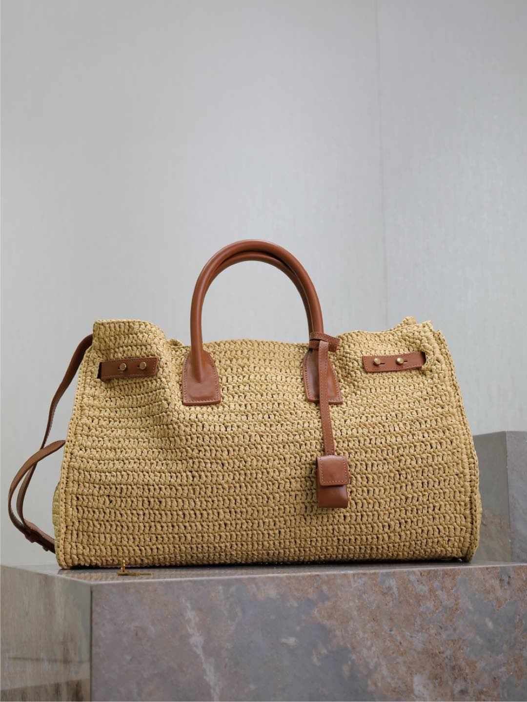 y*l sac de jour S*pple in raffia and leather - medium 41x28x13cm