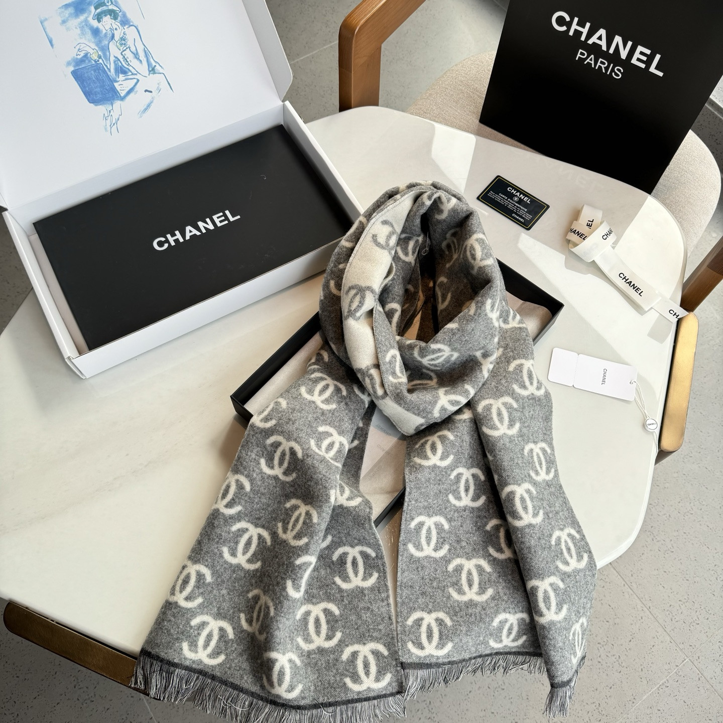 Ch*el scarf 35x180cm 92% wool 8% cashmere